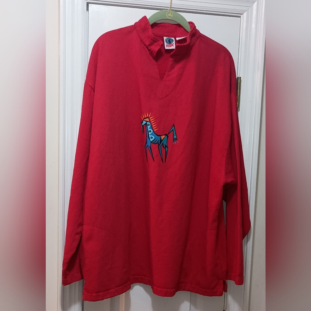 WEK Red Blue Southwest Horse Print Fleece Lined Shirt S/M